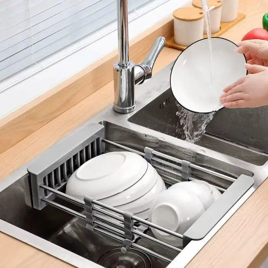 Cesto Organizador de Pia Inox – Extensível e Ajustável para Talheres, Copos e Pratos