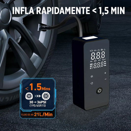 Bomba de Ar Portátil Recarregável com Calibrador Digital e Luz de Emergência em LED